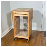 WOODEN DROP-LEAF KITCHEN CART WITH WIRE BASKETS AND CASTERS