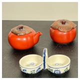 (3pc) PORCELAIN & CERAMIC TABLEWARE INCLUDING PERSIMMON TEAPOT