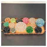 (15pc) VINTAGE STURDITOYS WOOD AND COPPER TRAY WITH ASSORTED GLASS AND CERAMIC FLOWER FROGS