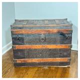 VICTORIAN EMBOSSED TIN AND WOOD SLAT STEAMER TRUNK