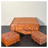 TRIO OF WOVEN BAMBOO LUGGAGE STYLE BASKETS