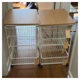 PAIR OF ROLLING WIRE BASKET STORAGE CARTS WITH WOOD TOPS