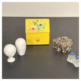 (13pc) JONATHAN ADLER PORCELAIN SHAKERS, MEXICAN STERLING OVERLAY GLASSES, AND DECORATIVE TABLEWARE