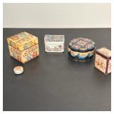 (5pc) ASSORTED DECORATIVE TIN AND PAPERBOARD TRINKET BOXES INCLUDING DEBBIE MUMM