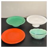 (4pc) FIESTA AND FENTON CERAMIC AND GLASS SERVING PIECES