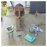 (6pc) BRUTALIST STYLE METAL BULL AND ASSORTED GARDEN SCULPTURES
