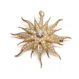 14K Diamond & Seed Pearl Starburst Brooch / Pin