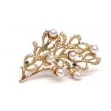 14K Gold Emerald & Pearl Freeform Branch Brooch