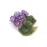 Vtg 14K Gold Jade Amethyst & Diamond Floral Brooch