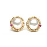 Mabe Pearl 14K Gold & Ruby Clip On Earrings