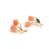 14K Gold Carved Rose Coral Post Earrings