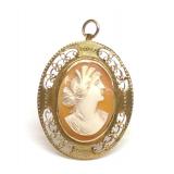 Vintage 10K Gold Filigree Cameo Brooch / Pendant