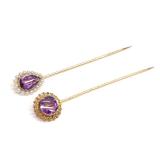 Two 14K Yellow Gold & Amethyst Stick Pins