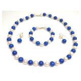 (4pc) 14K Pearl & Lapis Beaded Jewelry Set (11mm)