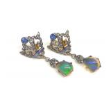Pr of Opal, Sapphire, Diamond Silver Gilt Earrings