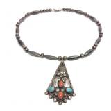 Signed Navajo Sterling Turquoise & Coral Necklace