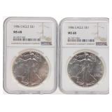 (2) 1986 $1 Silver Eagle Coins NGC MS 68
