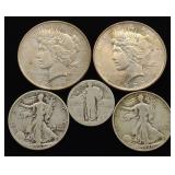 (5) US Coins: Peace, Walking & Standing Liberty