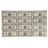(12) $1 $2 & $5 US Notes - Red Seal, Silver & More