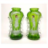 Pair of Mary Gregory Victorian Painted Glass Vases