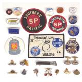 (26) Southern Pacific Rail Road Pins Patches Etc.