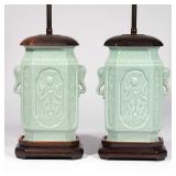 LOT 91 | PAIR CHINESE CELADON LAMPS | Sculpted celadon vases with figures in reserves; drilled and e