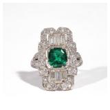 LOT 102 | EMERALD & DIAMOND PLATINUM COCKTAIL RING | Designed as an approximately 1.0 ct central mix