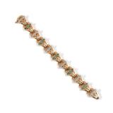 LOT 103 | EMERALD, DIAMOND & 14K GOLD LINK BRACELET | Designed as finely cast tapering gold loops (t