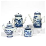 LOT 333 | (4PC) CHINESE CANTON EXPORT BLUE & WHITE TEAPOTS | Including 2 of lighthouse shape and 1 w