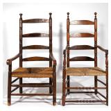 LOT 383 | (2PC) EARLY 19TH CENTURY LADDERBACK ARMCHAIRS | One probably Delaware River Valley, each w