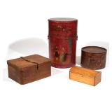 LOT 706 | (4PC) MISC. ANTIQUE STORAGE BOXES | Including a tall red painted Chinese style cylindrical