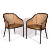 LOT 47 | PAIR WARD BENNETT FOR BRICKEL DESIGNS ARMCHAIRS | Brown leather upholstered seats with cane