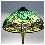 Shade marked "Tiffany Studios / New York / 1585", the shade with bluish green to yellow leaded glass