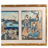  Figures enacting a play for a noble in landscape, circa 1865, oban woodblock triptych, signed oju h