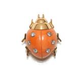 LOT 110 | CARTIER CORAL & DIAMOND LADYBUG PIN | Or "ladybird clip brooch," having a shield of cut co