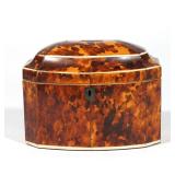 LOT 137 | ANTIQUE SHELL TEA CADDY | Domed top with a brass plate, with a bowed front, bone cockbeadi