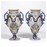 LOT 144 | PAIR HB QUIMPER DOUBLE HANDLED VASES | French faience pottery vases having deep blue glaze