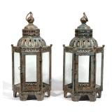 LOT 147 | PAIR BRASS LANTERNS | Green patination, with six glass paneled sides, with one door openin