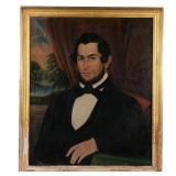 Portrait of a Gentleman Oil on canvas showing a gentleman in a suit seated before a red drape and la
