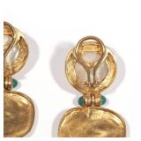 Each earring designed as a half pearl (12mm) in an 18k gold surround suspending an embossed 18k gold