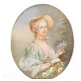 a portrait of a crowned lady signed "de Breslau", and a portrait of a woman in chapeau with flowers,