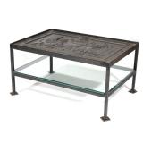 LOT 281 | ANTIQUE FIRE BACK MOUNTED AS LOW TABLE | The fire back depicting an urn flanked by two sph