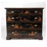 LOT 282 | BLACK LACQUERED CHEST OF DRAWERS | Having four full-width drawers over a sculpted apron, w