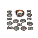 LOT 333 | JAMES REID NAVAJO SILVER & TURQUOISE CONCH BELT | Leather belt with a sterling silver buck