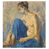 LOT 381 | Woman in a blue skirt Oil on canvas Signed lower left h. 20 w. 18 in. overall: 29 x 27 in.
