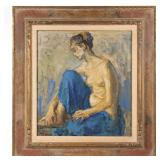 LOT 381 | Woman in a blue skirt Oil on canvas Signed lower left h. 20 w. 18 in. overall: 29 x 27 in.