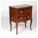 19th century, likely French, with marble top over two drawers with brass pulls, serpentine front wit