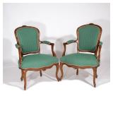 LOT 418 | PAIR LOUIS XV-STYLE FAUTEUILSEarly-mid 20th century, with green upholstered seats, back re