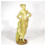 Classical maiden wearing diaphanous dress with garland hair ornament, attached to tree trunk, restin