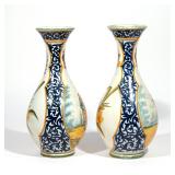 French faience pottery vases of baluster form, with deep blue decor riche borders around the rims an